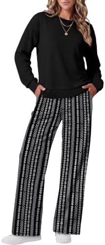 A black, white, and grey plaid print lends a neat, tailored look to this soft two-piece lounge set with wide-leg pants.