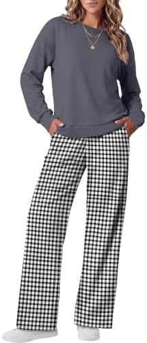 Tonal grey and black plaid gives this long sleeve crewneck and wide leg pant set a classic, put-together lounge look.
