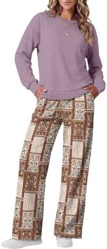 Muted khaki floral blooms across this two-piece set, pairing a classic crewneck pullover with breezy wide-leg lounge pants.