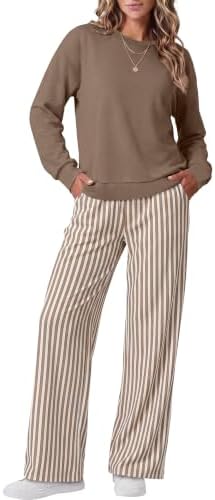 Fine khaki striping gives this two-piece set a relaxed pattern that pairs easily with white sneakers for weekend errands.