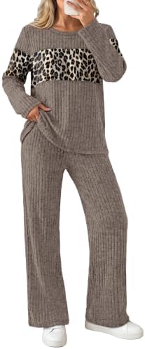 A soft light coffee pullover pairs with leopard print wide-leg pants for an easy two-piece set that travels well.