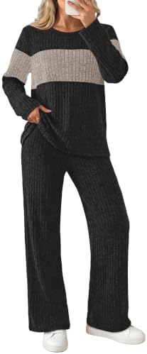 Soft knit wide-leg pants and a dropped-shoulder V-neck top make this two-piece set an easy pick for long travel days or slow mornings.
