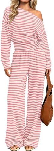 A slanted off-shoulder neckline and wide-leg trousers make this striped two-piece set an easy pick for cool weather.