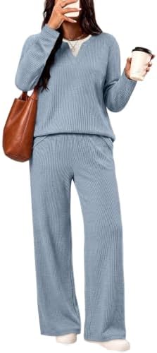 A textured ribbed knit brings lightweight warmth to this coordinated duo of a v-neck top and wide-leg lounge pants.