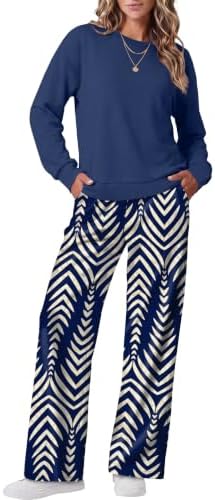 A graphic navy and beige zigzag pattern covers this soft two-piece set, cut with a relaxed crewneck and wide-leg pants.