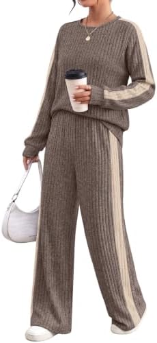 Soft vertical ribbing meets a warm brown and apricot contrast stripe along the sides of this relaxed two-piece set.