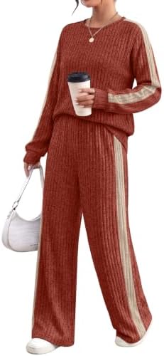 Side contrast stripes on ribbed knit lend clean definition to this relaxed two-piece set in warm caramel apricot.