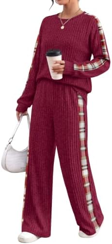 Bright red plaid sets a lively tone on this ribbed two-piece lounge outfit, cut loose with wide-leg pants for total ease.