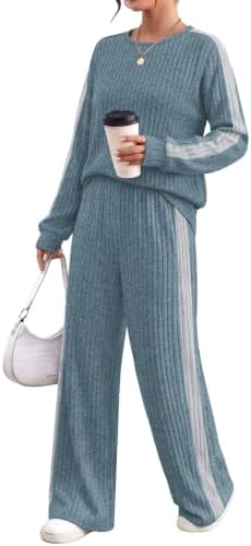 Soft vertical ribbing pairs with cool blue grey and side stripe splicing in this easy two piece set with wide leg bottoms.