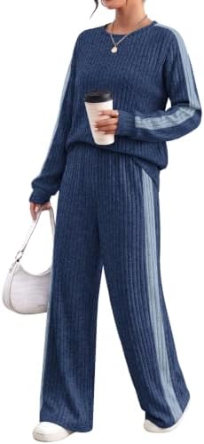Deep navy ribbed knit pairs with crisp side stripe splicing across a relaxed crewneck top and breezy wide leg pants.