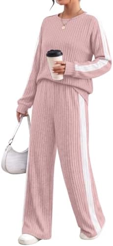 Soft pink ribbing meets crisp white side stripes on this relaxed two-piece set cut for easy movement.