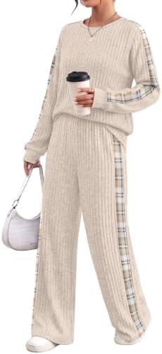 Warm apricot ribbed knit shapes this easy two-piece set, finished with contrasting side stripes along the long sleeves and wide legs.