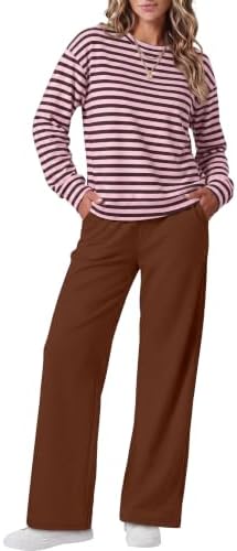 Warm pink and earthy brown stripes cover this soft two-piece set, cut with a relaxed crewneck top and breezy wide-leg pants.