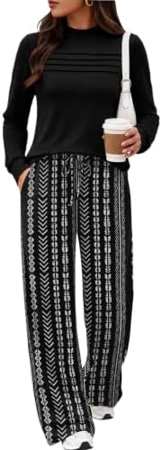 Crisp black stripes give this two-piece lounge set a sharp, pulled-together look for travel days and casual workweeks.