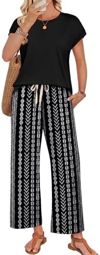 Horizontal black striping grounds this breezy two-piece set, cut with a relaxed cap-sleeve tee and wide-leg knit pants.