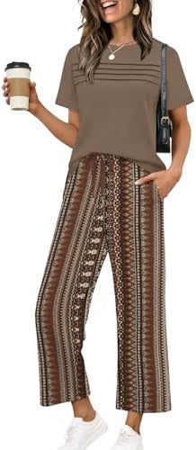 Earthy Coffee Boho stripes run down this two-piece knit set, pairing a split-hem tee with cropped wide-leg pants.