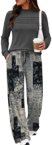 A mock neck top and wide-leg patterned pants in dark grey give this matching two-piece set an easy, put-together finish.