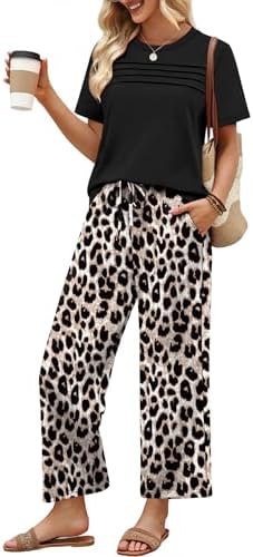 A crisp leopard print anchors this travel-ready set, pairing a pleated crew top with cropped wide-leg pants.