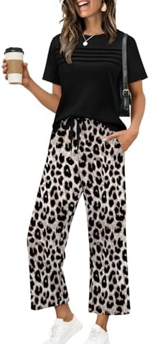 Bold leopard spots run across this airy matching set, cut with a pleated crewneck top and breezy cropped wide-leg pants.