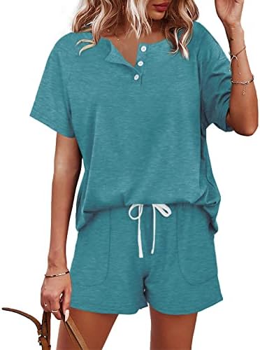 Cool turquoise knit pairs a button-down henley top with drawstring shorts for warm afternoons and slow mornings.