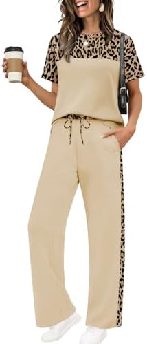 Muted beige leopard print with sporty side stripes gives this soft knit two-piece set an easy graphic look for warm days.