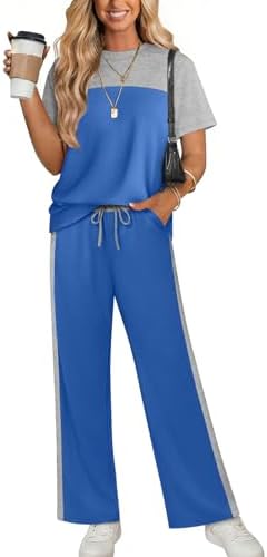 Cool blue knit pairs with clean side stripes on this relaxed two-piece set, cut wide through the leg for warm travel days.
