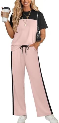 A soft pink two-piece set cut with clean side stripes and wide legs for breezy summer travel.