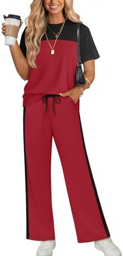 Bold red knit pairs with contrast side stripes on this easy two-piece set, cut loose for warm travel days and lounging.