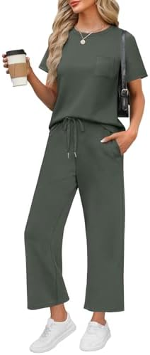 Drapey spacer knit shapes this two-piece set featuring a classic crew neck top and cropped wide leg pants with pockets.