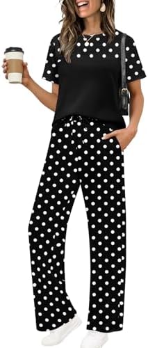 Cut from a soft stretch-knit blend, this breezy two-piece set pairs wide-leg trousers with a relaxed patterned top.