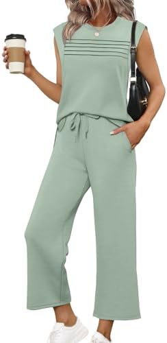 Light spacer knit in muted sage green pairs cap sleeves with breezy wide leg crop pants for warm days.