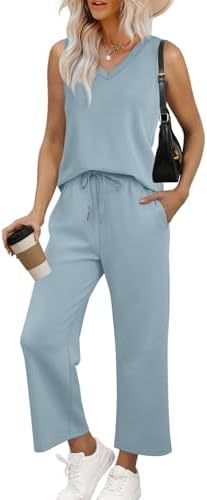 Cool light blue knit shapes this breezy two-piece set, pairing an open V-neck tank with relaxed wide-leg pants.