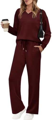 A relaxed wine red two-piece lounge set pairing a soft V-neck pullover with wide-leg drawstring pants.