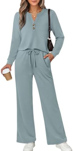 Airy spacer knit gives this lake blue matching set a fluid drape with a neat notched V-neck top and wide-leg trousers.