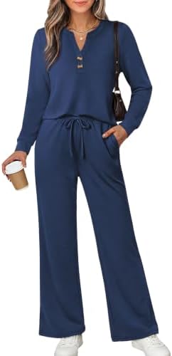 Dark navy spacer knit brings a clean finish to this two-piece lounge set with wide-leg pants and a notched V-neck top.