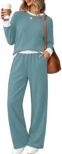 Fine fleece backing and a muted sage green blue shade make this relaxed two-piece set easy to reach for on breezy days.