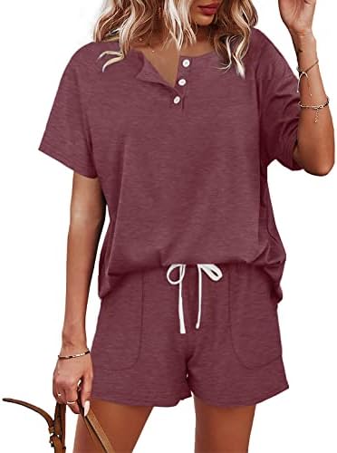 Dyed in a rich dark red, this two-piece set pairs a buttoned henley tee with pocketed drawstring shorts for easy summer days.