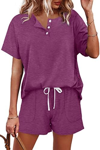 A soft violet knit pairs a henley button top with pocketed drawstring shorts for slow mornings and quick errands.