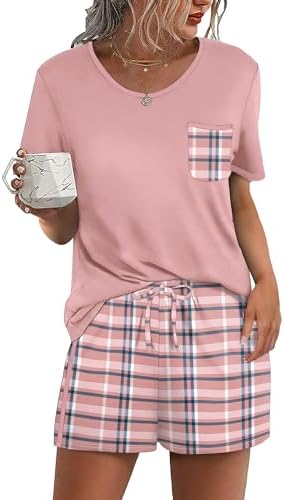 A soft pink checkered print gives this relaxed two-piece shorts set a cheerful look for warm mornings and quiet evenings.