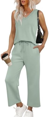 Soft sage green defines this breathable two-piece set, cut with a relaxed sleeveless top and airy cropped pants.