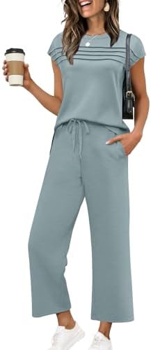 Cool lake blue spacer knit shapes this breezy two-piece set, pairing a cap-sleeve top with relaxed wide-leg crop pants.