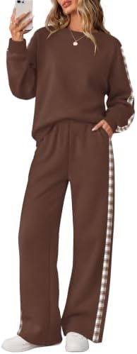Brushed fleece in a warm brown plaid pairs a crewneck top with matching wide leg pants for easy travel days.