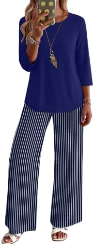 Crisp navy stripes run across this soft knit two-piece set, pairing a three-quarter sleeve top with pocketed long pants.