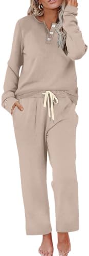 Neutral beige gives this button-front henley and wide-leg pant set a clean, relaxed finish for cool mornings.
