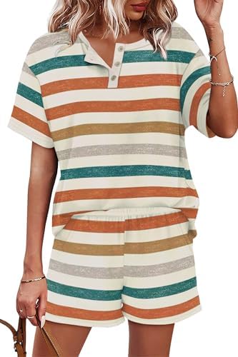 Bright orange stripes bring a cheerful feel to this two-piece knit set, finished with a buttoned henley neck and side pockets.
