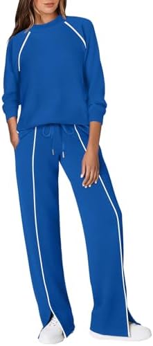 Saturated royal blue defines this two-piece set, cut in a lightweight four-way stretch knit with clean white piping.