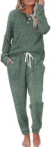 Vivid grass green brightens this relaxed two-piece knit set, pairing a button-down long sleeve top with drawstring jogger pants.