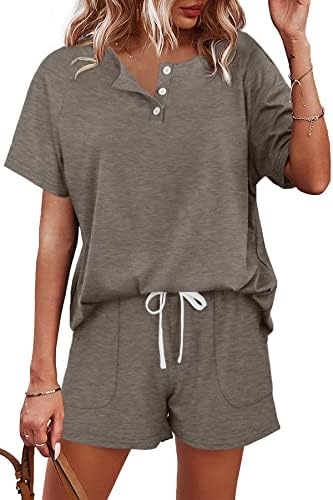 A relaxed henley tee paired with drawstring shorts creates a soft summer set cut in an easy, warm khaki tone.