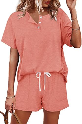 Bright orange knit pairs a button-front henley tee with easy drawstring shorts for summer mornings at home or warm afternoons out.