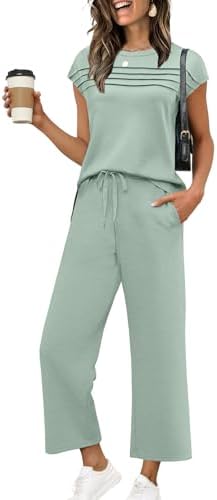 Soft sage green spacer knit shapes this breezy two-piece set, pairing a pleated cap sleeve top with cropped wide-leg pants.